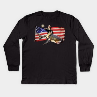 George Washington Riding a Shark American Flag Kids Long Sleeve T-Shirt